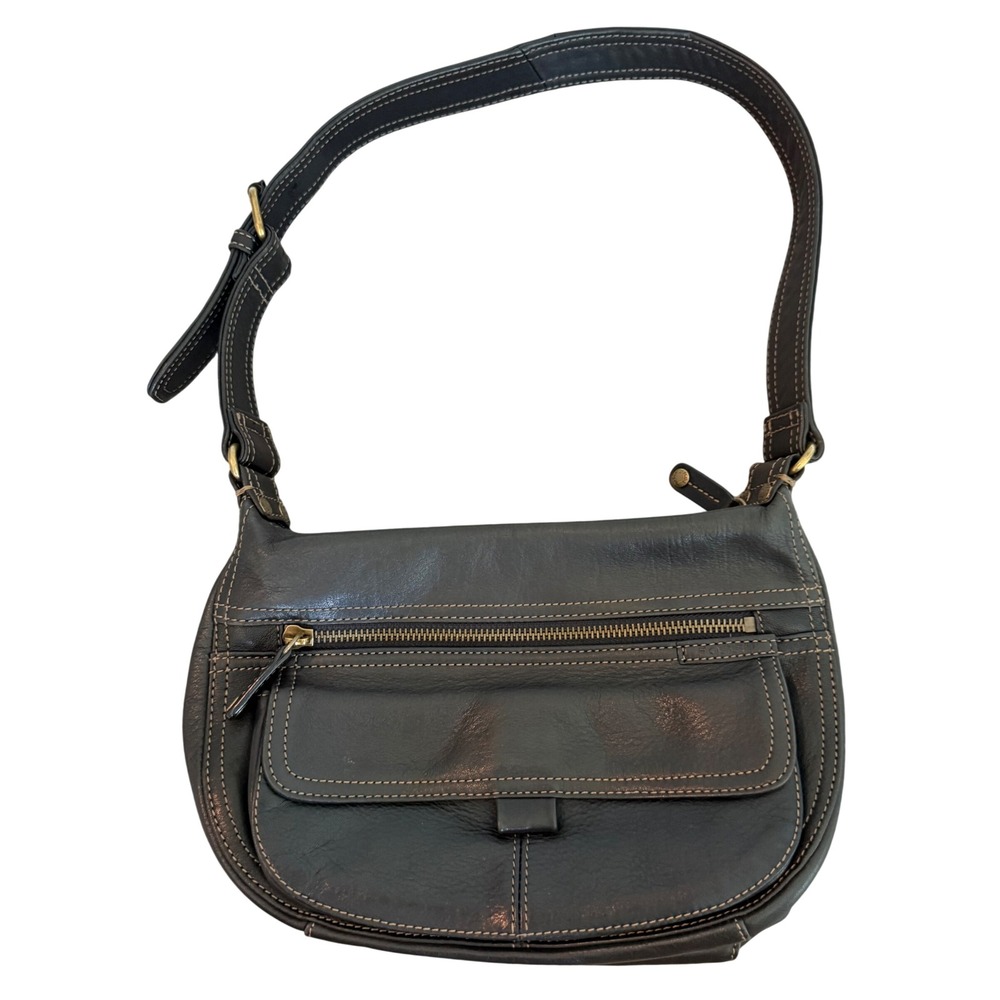 Fossil Black Leather Shoulder Bag Contrast Stitch Multi Pocket ID Window